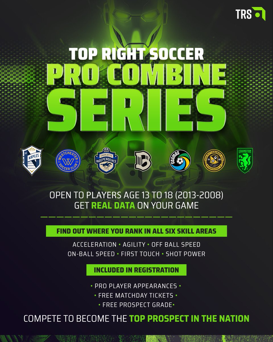 TopRightSoc's tweet photo. The Pro Combine Series brings pro-facility testing to youth players who've never had it. Seven drills. Objective numbers. Every result was benchmarked against real D1 and pro players. No opinions. No politics. Just where you actually stand. Six markets. One standard. 🧵 https://t.co/ToSklhFCPA