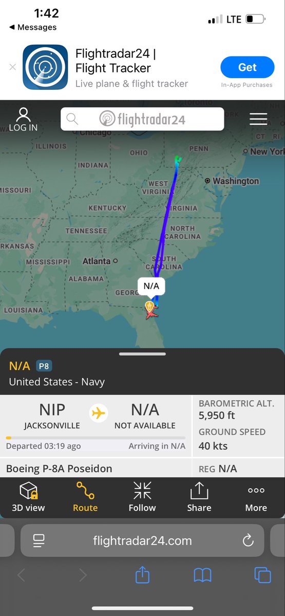 TimeTwoDream's tweet photo. What’s this mean? Circles my little area at 9k feet then right back to Jacksonville https://t.co/wd9rqQlJhe