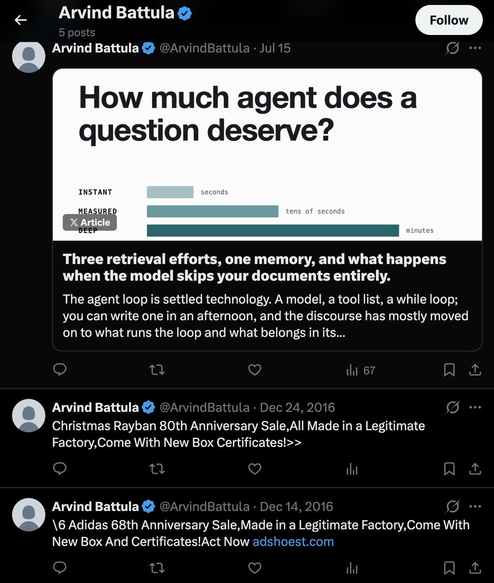 P_EquityTok's tweet photo. Example of sloppy profile hygiene that undercuts the professional image.

A "Chief Data Scientist" posts AI governance content on LinkedIn, links it to his X account, which has 2 decade old counterfeit goods spam posts still sitting there in plain view. https://t.co/0PPSYgyOwK