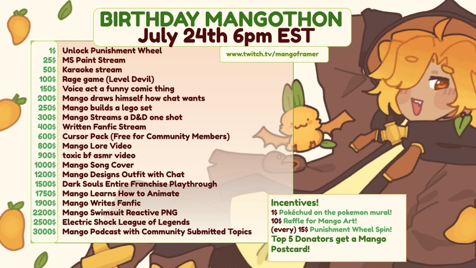 mangoframer's tweet photo. 🥭 UNCAPPED DONOTHON ANNOUNCEMENT 🥭

This Friday, my birthday mangothon finally starts!!

✨PUNISHMENT WHEELS
✨DRUNK FRIENDSLOP
✨COMMUNITY MECCHA CHAMELEON
✨POSSIBLY MANGO CRYING?

I hope to see you there!!! 🎈 https://t.co/D7ijRRGcB7