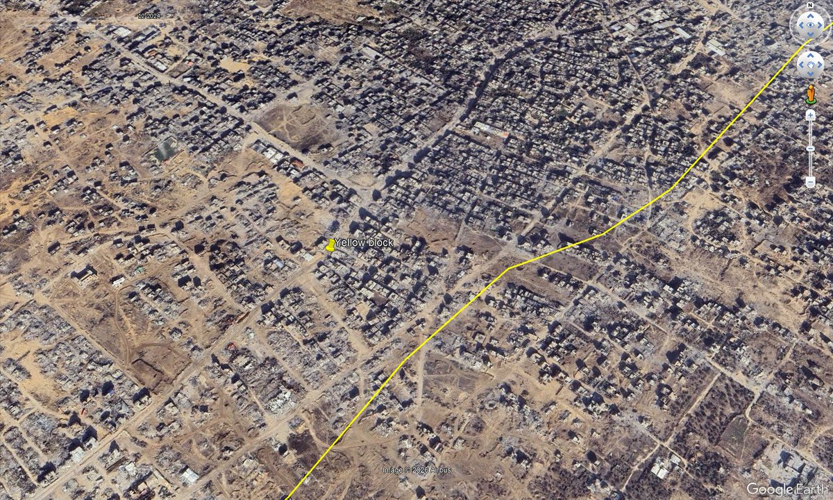 NemoAnno's tweet photo. Geolocation| Yellow block and vehicle tracks on Salah Al-Din Street, south of the Dawla Junction in the Zeytoun neighborhood, Gaza City, Northern #Gaza 
31.489306, 34.451556
🗓️16 July 2026
More than 300 meters NW of the official yellow line.
@GeoConfirmed 
https://t.co/NADxU92AEl https://t.co/swvecqn0UX