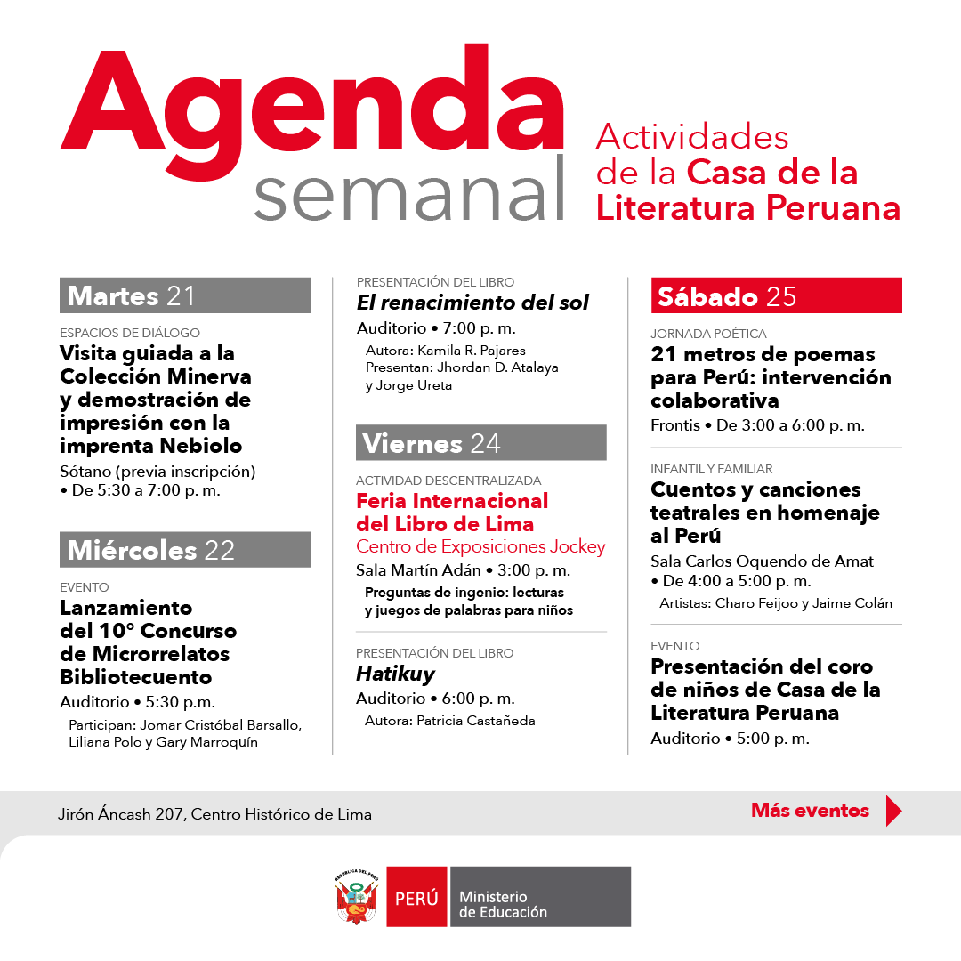 casaliteratura's tweet photo. AGENDA 🌟 Del martes 21 al domingo 26 de julio: lecturas, narraciones, cine y actividades para toda la familia. Ojo: jueves 23 no abrimos por feriado. ¡Te esperamos! 📚✨ #IngresoLibre https://t.co/vGx6h4aoBE