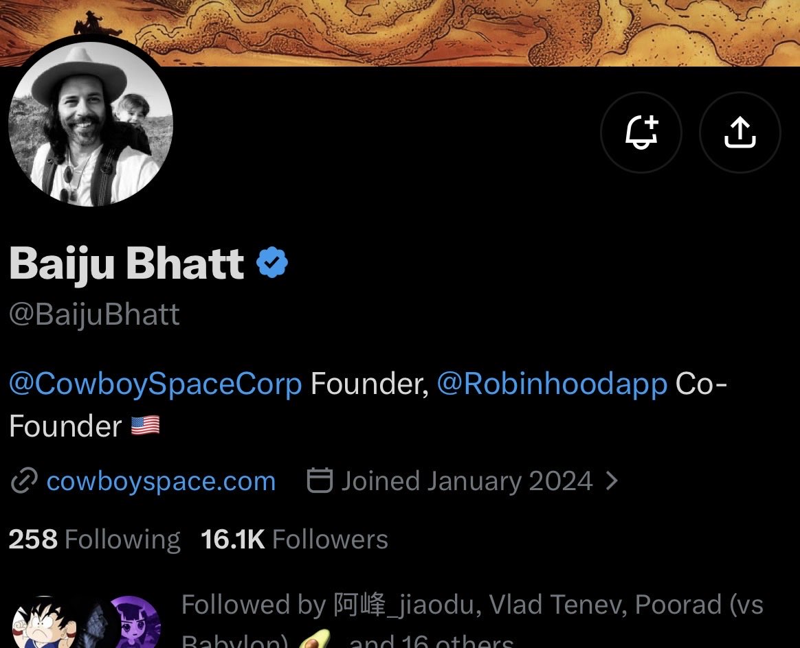 Dev_Rekt69's tweet photo. So robinhood cofounder @BaijuBhatt founded a space company called @CowboySpaceCorp 

What is the valuation of the spaceX of Robinhood? 

0xa3ab802098a7d1DF36923F2Dad600895595610Dc https://t.co/vetvEBVIHN