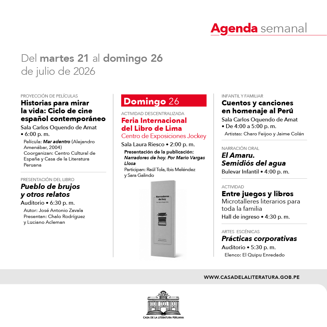 casaliteratura's tweet photo. AGENDA 🌟 Del martes 21 al domingo 26 de julio: lecturas, narraciones, cine y actividades para toda la familia. Ojo: jueves 23 no abrimos por feriado. ¡Te esperamos! 📚✨ #IngresoLibre https://t.co/vGx6h4aoBE
