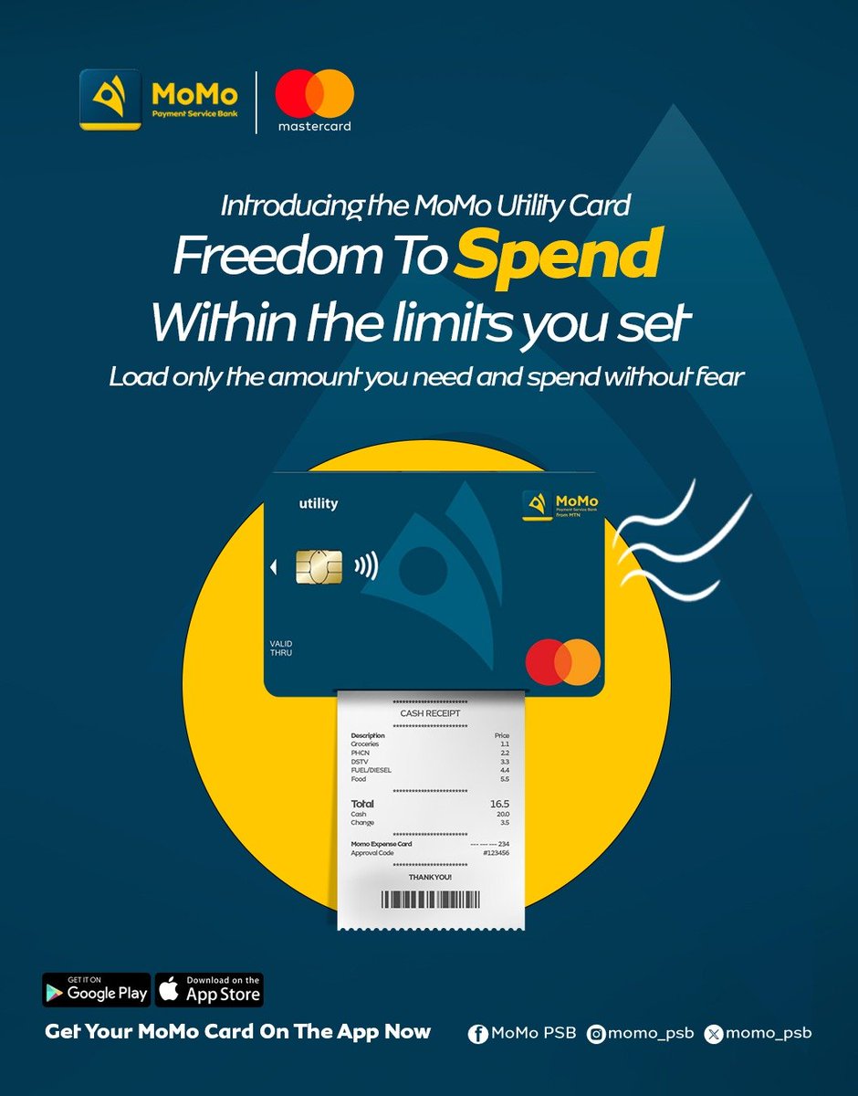 MoMo_PSB's tweet photo. Get a card that let's you spend without fear. 💳Smooth for payment, secure for peace of mind 🤝
#MoMoUtilityCard #newmomocard #prepaidcard #momofrommtn #momopsb https://t.co/wf0bI8ItDr