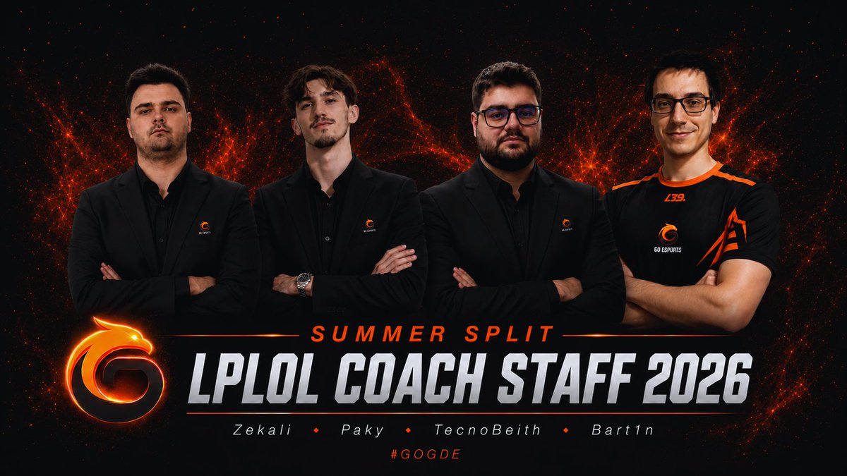 GDESPORTS25's tweet photo. Introducing our LPLOL Coach Staff for 2026. 🧡

Behind every great team is a great staff. We're proud to unveil the coaches who will lead GO Esports into the 2026 LPLOL season:

HC: @Zekali8 
AC: @Paky22x 
Manager: @TecnoBetih 
Sub: @xbart1n 
We're ready for a new challenge, a new season, and a new journey together.
Let's make 2026 unforgettable. 🔥
#GOGDE  #GDESPORTS #LPLOL #LeagueOfLegends #Esports #CoachStaff #Gaming #RoadTo2026