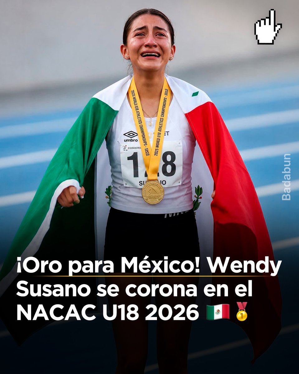 BadabunOficial's tweet photo. 👉👉 ¡México tiene una nueva campeona internacional!

Wendy Susano Gallegos conquistó la medalla de oro en los 5,000 metros marcha U18 del Campeonato NACAC de Atletismo 2026, celebrado en Tlaxcala ante más de 30 países.

Con un tiempo de 25:03.26, Wendy dominó la prueba de principio a fin y cruzó la meta en primer lugar, poniendo la bandera de México en lo más alto del podio. 🏆

Detrás de este triunfo hay años de disciplina, madrugadas de entrenamiento y una pasión enorme por la marcha. Hoy, todo ese esfuerzo brilla con el color del oro. ✨

¡Felicidades, Wendy! Tu victoria nos llena de orgullo e inspira a toda una generación a seguir tus pasos… literalmente. 🏃‍♀️💛

¡VAMOS MÉXICO! 🇲🇽
