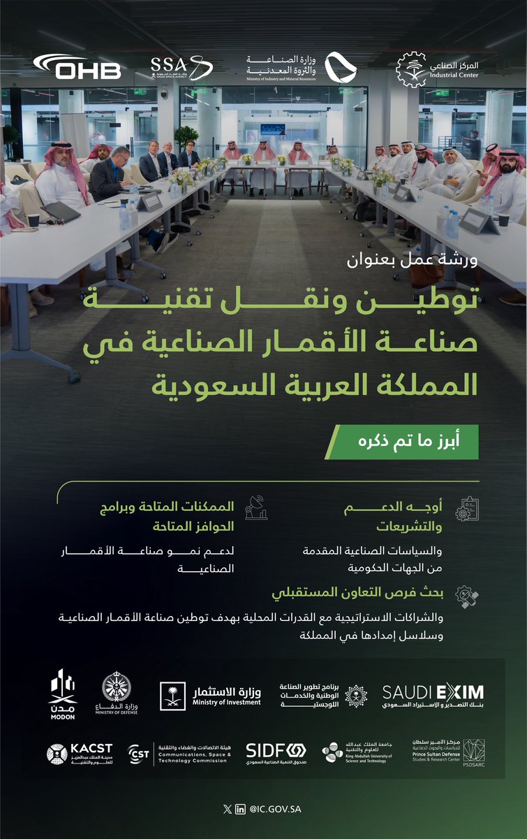 ic_gov_sa's tweet photo. نظم #المركز_الوطني_للتنمية_الصناعية بالتعاون مع وزارة الصناعة والثروة المعدنية ووكالة الفضاء السعودية ورشة عمل بعنوان "توطين ونقل تقنية الأقمار الصناعية في المملكة العربية السعودية" بحضور شركة (OHB) الألمانية ومشاركة عدد من جهات منظومة الصناعة والثروة المعدنية والجهات الحكومية ذات العلاقة بهدف تبني أحدث التقنيات لدعم الابتكار والنمو في صناعة الأقمار الصناعية وتقنيات الفضاء، بما يحقق مستهدفات الاستراتيجية الوطنية للصناعة.
#نمكن_نطور_الصناعة