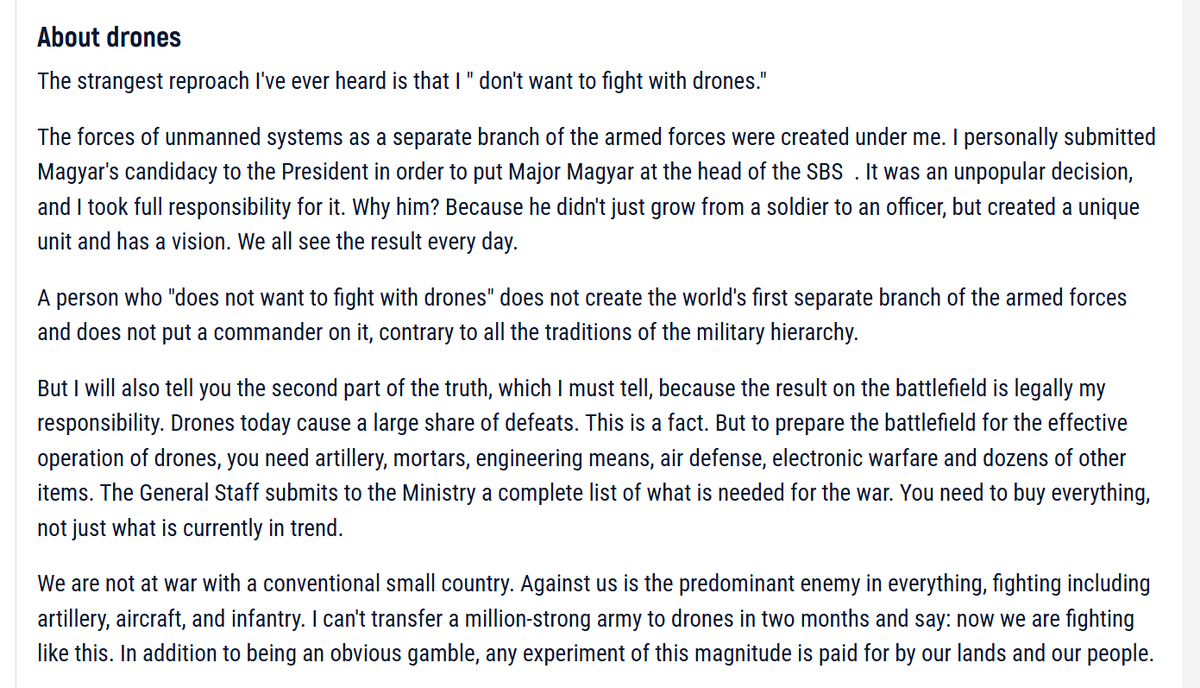 RWApodcast's tweet photo. Impossible not to laugh. Large sections of Ukrainian society are viciously attacking Syrski right now, demanding that he be sacked, and it looks as though they are winning.

The attached screenshot is from an article General Syrski published today to defend himself, and it really goes to the heart of the matter.

The criticism leveled at Syrski by the “progressive” Ukrainian milieu can be summed up in a few points:

He has the audacity to insist that war is war and not a Silicon Valley startup.

He has the audacity to insist that drones are only one part of contemporary warfare and that, besides drones, you also need everything else a modern military requires. He dares to claim that the word “drone” is not a magic formula that solves all your problems.

He is forcing people to dig trenches and fight in a real war instead of the high-tech, asymmetrical, digital Palantir war they were promised — in which they emphatically do not have to dig trenches, but can instead enjoy a matcha latte at a café in Kiev while their MacBook wins the war.

That’s really it. They blame everything — the immense casualties, the forced conscription, the loss of territory — on Syrski’s personal qualities, as though he were the only thing preventing them from having ChatGPT code a Win the War app.

The fact that this level of discourse is treated seriously by so many people is the result of two factors.

The first is that it is in the Ukrainian national character to believe in one-off miracles and fantasies that will solve all their problems. This time, it is Fedorov and his vibe-coded slide decks. You just need to do this one thing and then never do anything again — just as ousting Yanukovich supposedly turned Ukraine into Switzerland overnight. You just need to make the bad man go away, and then bussification will disappear because AI drones from America (the place where virtuous people go after they die) will save the day. It is magical thinking in its dumbest form.

The second factor is that the Americans themselves believe this too, and they set the agenda in Kiev. The Americans went into Iran believing that all they needed were their Shahed clones, Palantir, and Claude picking targets, and that everything would then magically resolve itself with the complete annihilation of Iran.

Modern war is extremely complicated, intellectually taxing, and requires immense effort at every level of industry and knowledge work. There is no magic bullet, and there is no Win the War button. This is an unpleasant fact. One can understand the Americans’ naïveté, since they have not fought in a real modern war, but the Ukrainians who ought to know better———well, during the Russian Civil War, the Ukrainian nationalists under Petliura, right on the cusp of defeat, began spreading the rumor that they had received a secret directed-energy weapon from the French: the deadly “purple ray”, which would allow them to vaporize entire enemy battalions in a heartbeat.

I bet many of them believed that too!