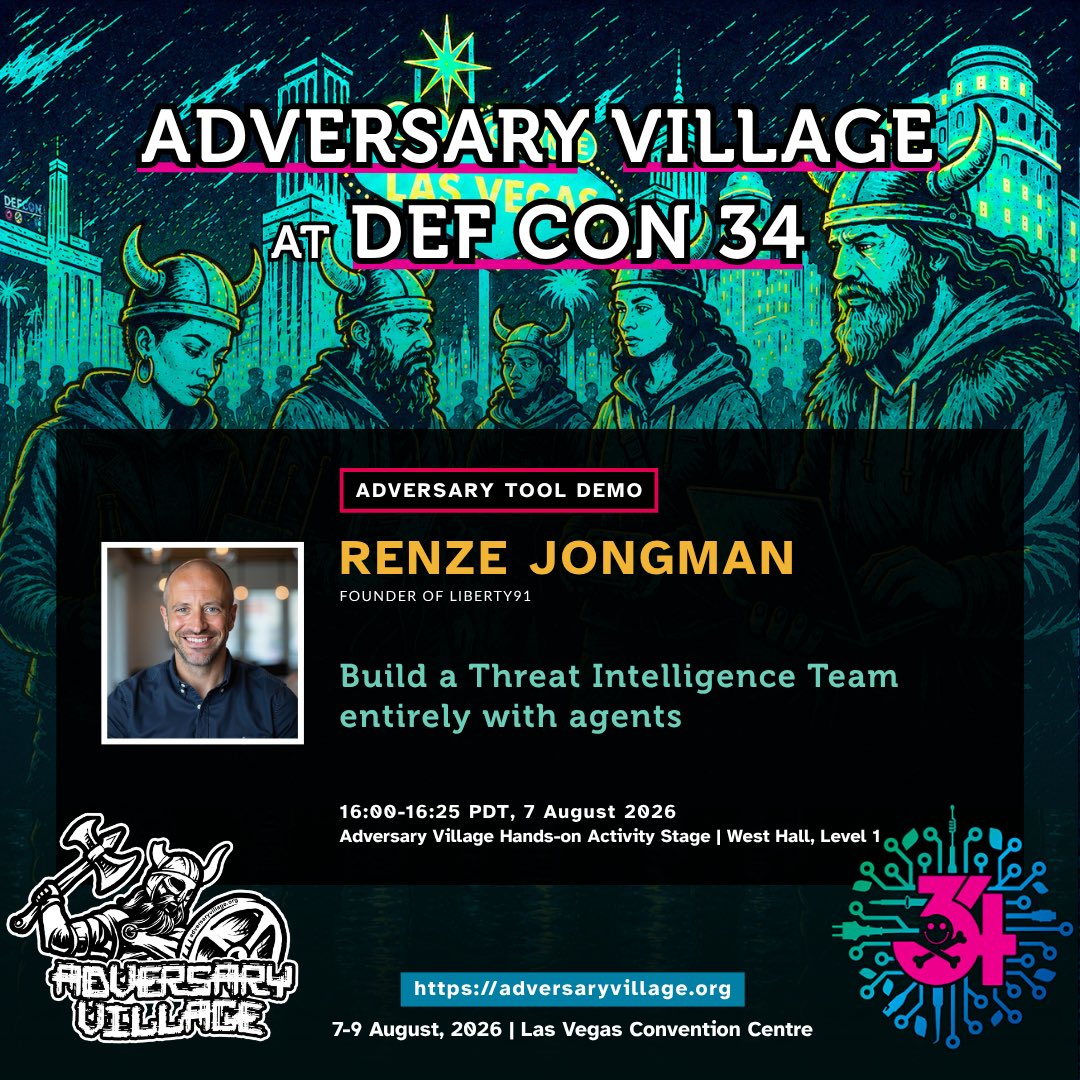 AdversaryVillag's tweet photo. #AdversaryToolDemo
Adversary Village at @defcon 34!
Renze Jongman, Founder of Liberty91, will showcase “Build a Threat Intelligence Team Entirely with Agents” on 7 Aug 2026 at the Adversary Village Hands-on Activity Stage.
More info on the session: https://t.co/vyX8TyXJwh https://t.co/woaPF7dVlM