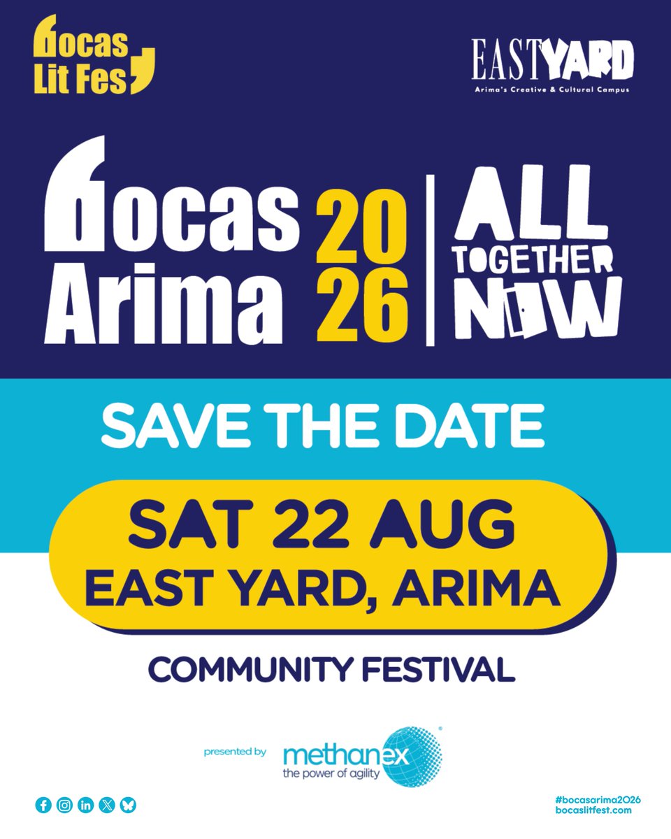 bocaslitfest's tweet photo. 1/3 We are thrilled to announce the date of Bocas Arima 2026, the second in a series of four one-day community literary and cultural festivals across T&T, presented by Methanex Trinidad, and open to all! .../2
#bocasarima2026 #alltogethernow @868methanex https://t.co/fc2r28zbXf