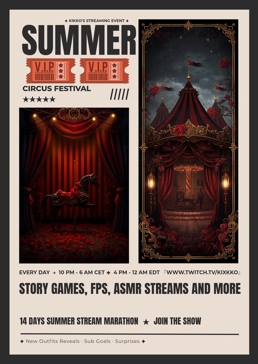Kixkko's tweet photo. 🎪❤️‍🔥 THE INFERNO CIRCUS SUMMER MARATHON IS HERE!

After a long break, I'm finally back! 💛

🕙 Every night
🇫🇷 10PM–6AM (CET)
🇺🇸 4PM–12AM (EDT)

⚠️ Schedule may shift if games run longer.

🔗 https://t.co/V1XtSRtdfe https://t.co/5r7zTGrwhy