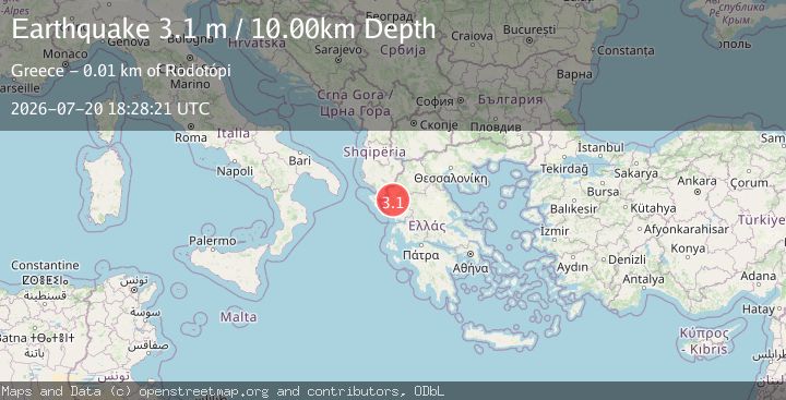 VolcanoEWS's tweet photo. #Earthquake (#σεισμός) (#Greece)
🌍 New Earthquake 🌍
📍 Location: GREECE
📏 Magnitude (m): 3.1
🔽 Depth: 10.00 km
⏰ Time: 2026-07-20 18:28:21 UTC
🔗 Source: EMSC
https://t.co/GbztuehA22 https://t.co/6n5hez5TOd