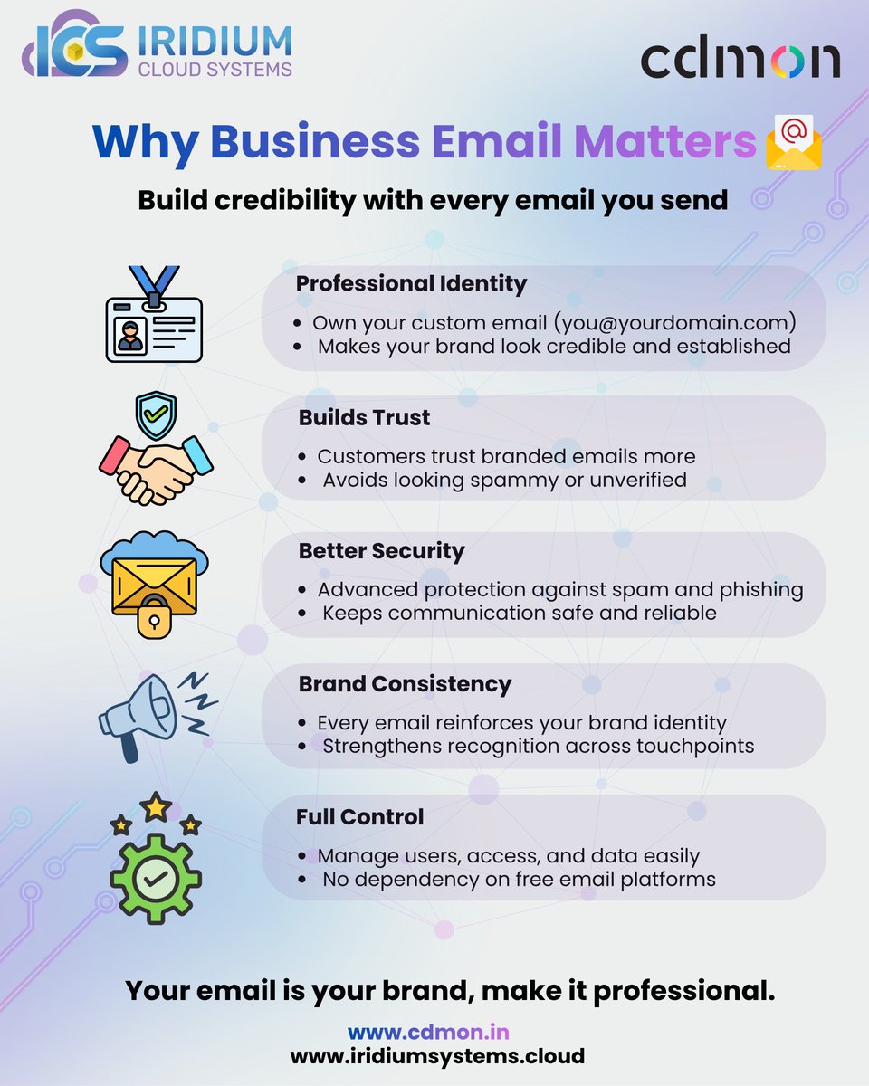 cdmonIndia's tweet photo. A professional email builds trust before your message is even opened.

Use a custom email on your own domain to strengthen your brand, improve security, and communicate with confidence.

Visit us at https://t.co/XmivOue4J3

#BusinessEmail #EmailHosting #WebHosting #cdmon https://t.co/TjqhjGg1Pz