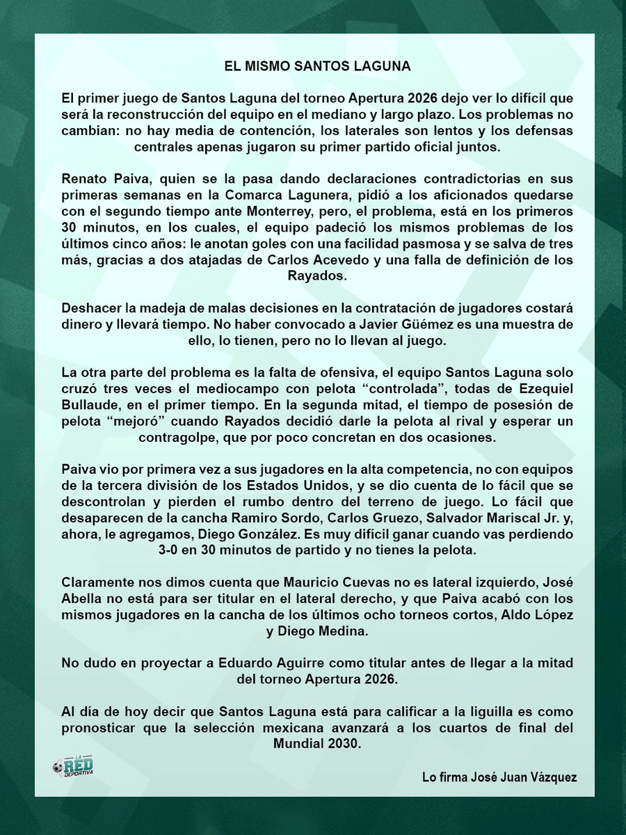 josejuangelmx's tweet photo. 📝: Mi editorial de la derrota de Santos Laguna ante Rayados en el inicio del torneo Apertura 2026 de la Liga Mx. https://t.co/i347aWx2DO