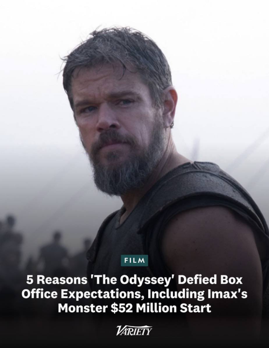 PolyokeyMoney's tweet photo. 🚨 INSANE Box Office Update
This content is pulled directly from Variety’s official film report.
Nolan’s The Odyssey destroyed every analyst forecast — a historic $52M opening only from IMAX screens.
The outlet breaks down 5 major reasons Matt Damon’s epic massively outperformed all tracking numbers.
Who caught this in 70mm IMAX already?
#TheOdyssey #IMAX #BoxOffice