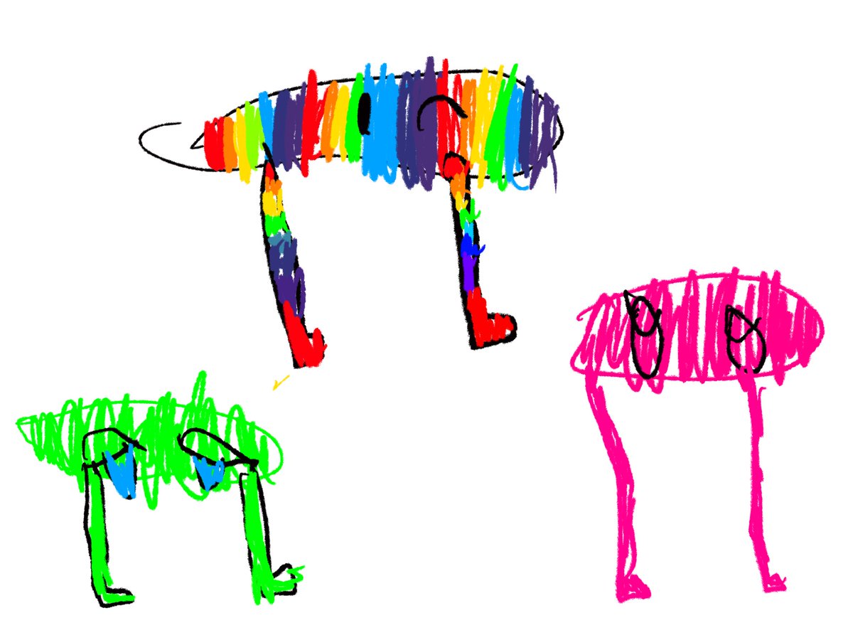 ark_synapse's tweet photo. babysitting my niece and she’s drawing pikuniku and she drew a “girl” pink pikuniku and I asked  her to draw one without a gender and she made it green and crying . I asked her why she made it crying and she said it was sad it didn’t have a gender. the rainbow one is her sona https://t.co/WqpGEw47qA