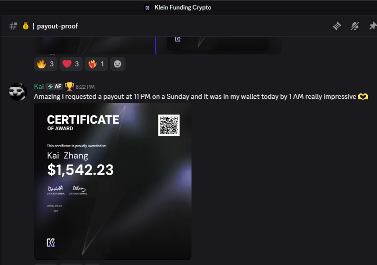 KleinFunding's tweet photo. A trader from our community this week:

"I requested a payout at 11pm on a Sunday. It was in my wallet by 1am."

No business hours. No delays. No excuses. https://t.co/PFAaZiUjHR