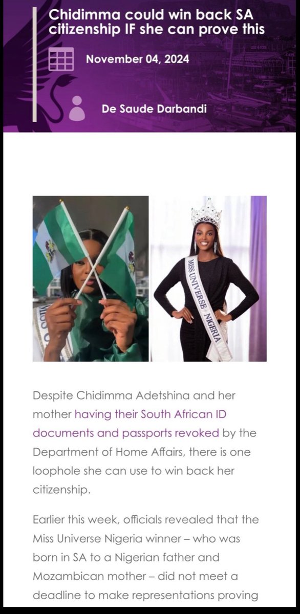 RamaphiriMpho's tweet photo. In November 2024 she wrote an article about the loophole Chidinma can use to fight and be a South African citizen https://t.co/gdeUlicNU4