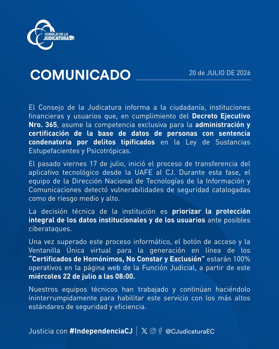 CJudicaturaEc's tweet photo. 📄 | #ComunicadoCJ

A la ciudadanía.⤵️

#JusticiaConIndependenciaCJ ⚖️ https://t.co/0K8cBTdTSQ