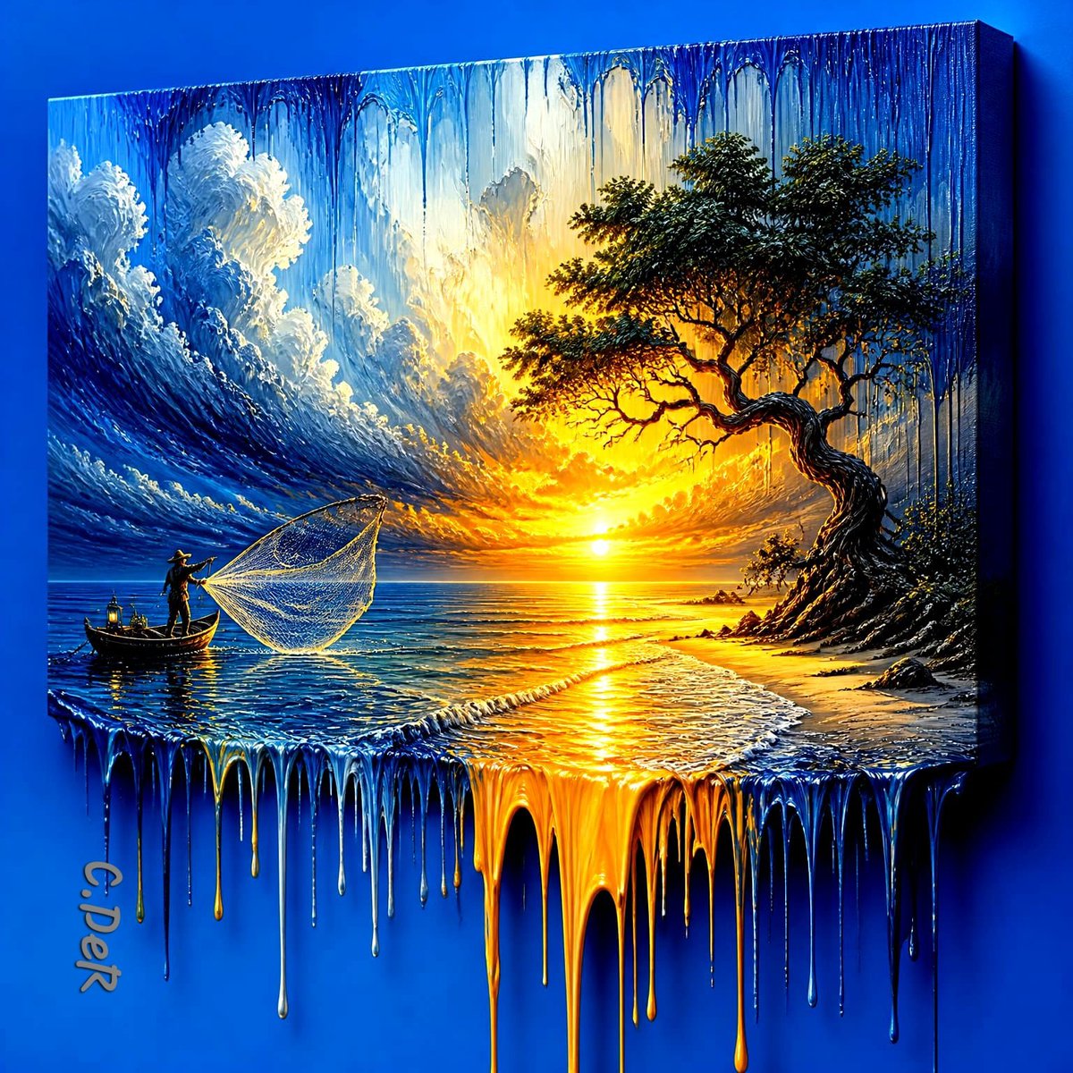 CDeR_'s tweet photo. Gold and blue spill past the frame,A sunset sky of liquid flame.A lonely net is cast to sea,Beneath the twisting, ancient tree.
#AIArtCDeR https://t.co/HeHH7YH0PH