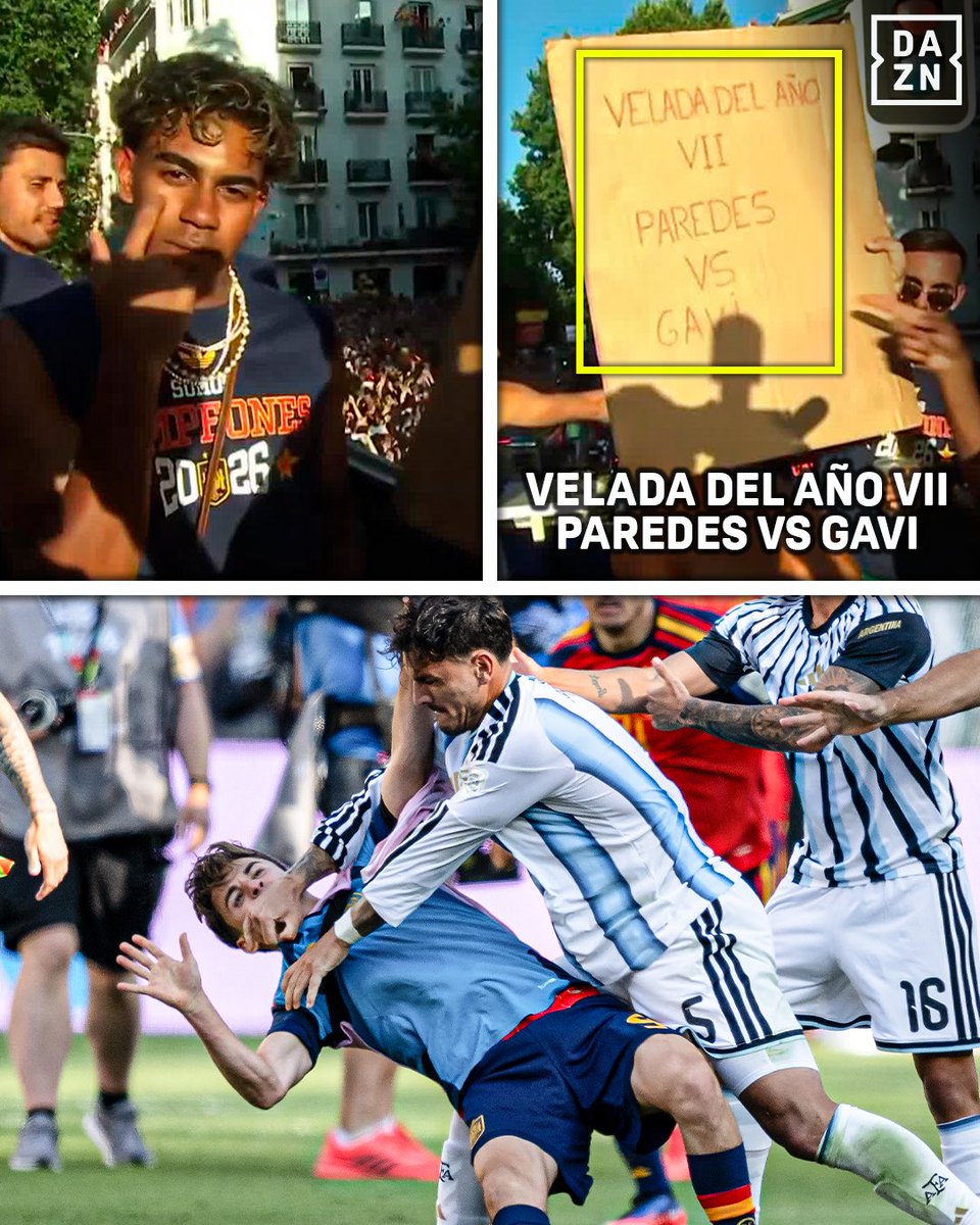 DAZNFutbol's tweet photo. “VELADA DEL AÑO VII: PAREDES VS GAVI” 🔥🇦🇷🇪🇸

La pancarta en la rúa de la selección española 

#DAZNMundial #FIFAWorldCup https://t.co/qjDB9Oclgb
