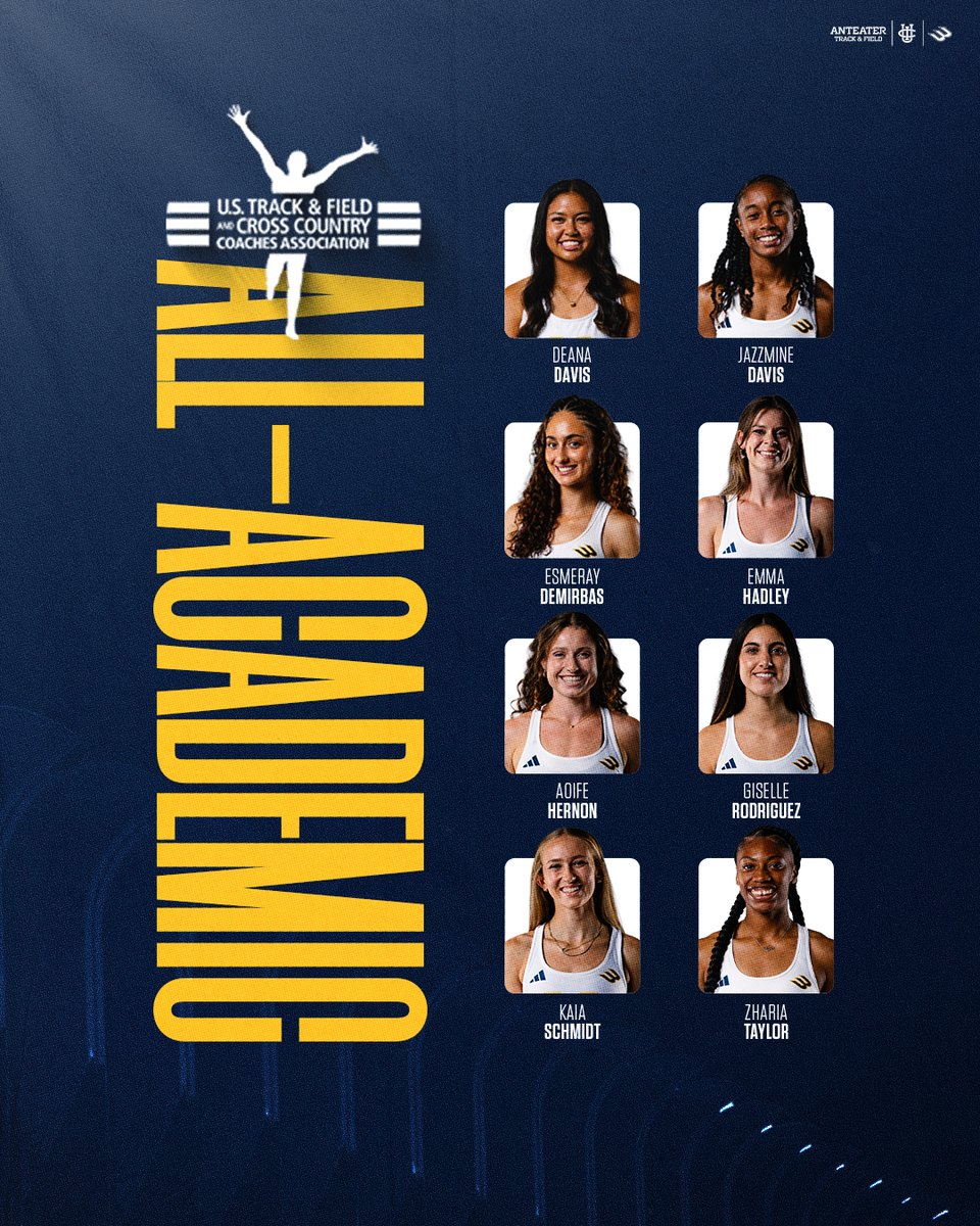 UCIcctf's tweet photo. 𝐀𝐋𝐋-𝐀𝐂𝐀𝐃𝐄𝐌𝐈𝐂 📚 

Congratulations to DeAna Davis, Jazzmine Davis, Esmeray Demirbas, Emma Hadley, Aoife Hernon, Giselle Rodriguez, Kaia Schmidt, &amp; Zharia Taylor on earning USTFCCCA All-Academic Honors! 

#TogetherWeZot | #RipEm https://t.co/qUNZeQ26KD