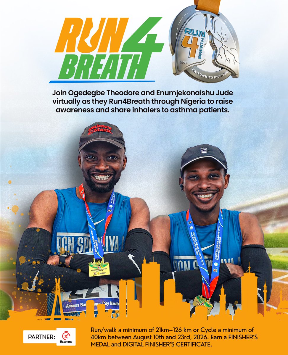 Onakerireme's tweet photo. You asked to join us virtually... now you can! 🏃🏽‍♂️

While we take on 6 half marathons across Nigeria's 6 geopolitical zones from August 10–15, 2026, you can be part of the movement from anywhere in the world.

🏃 Run or Walk: Minimum 21km (up to 126km)
🚴 Cycle: Minimum 40km (or more)
📅 Challenge Period: August 10–23, 2026

Track your activity on Strava, upload it to the MyRaceTime app, and earn your E-Bib, Finisher's Certificate, Leaderboard Ranking and official Run4Breath Finisher's Medal.

More importantly, your participation helps provide a life-saving inhaler for an asthma patient.

No matter where you are, every kilometer you complete helps amplify asthma awareness and brings hope to someone struggling to breathe.

Register. Run. Make an impact.