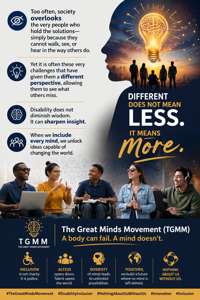 TGMindsMovement's tweet photo. Disability does not diminish wisdom. It can sharpen insight.
#TheGreatMindsMovement
#DisabilityInclusion https://t.co/i6RjNnW4gt