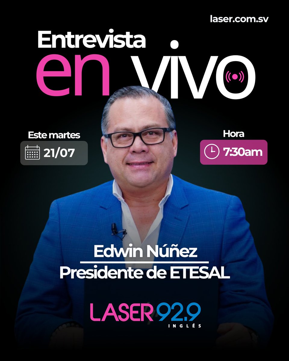 laseringles929's tweet photo. 🎙️ Este martes 21 de julio recibiremos en cabina a @edwinnunez, presidente de @ETESAL_sv.

📻 Sintoniza la entrevista a las 7:30 a. m. por el 92.9 FM o escúchanos en línea en https://t.co/nJjymtfGRq. https://t.co/DAnK0EWmyI