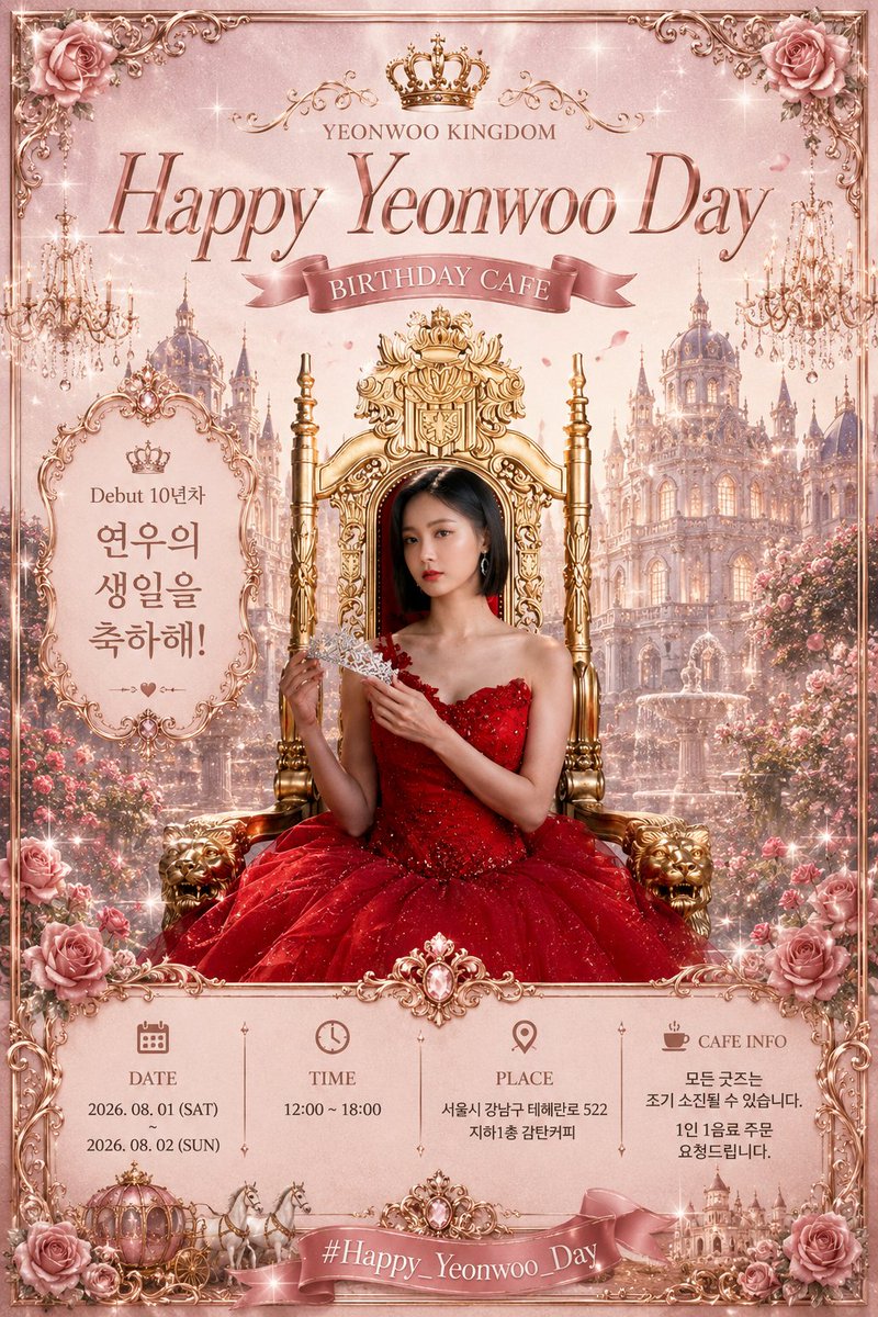yeonwoo_cafe's tweet photo. #연우왕국
#연우_생일카페
#Happy_Yeonwoo_Day
⏰ 2026. 08. 01-2026. 08. 02 
PM 01 ~ 06
🏠서울특별시 강남구 테헤란로 522 지하 1층 감탄커피(작년 생일카페 진행장소)
✅️굿즈, 디저트(쿠키) 특전: 7월 30일 공지
🔥연우 왕국에 모든 키니들을 초청합니다 https://t.co/XqeLt3qrru