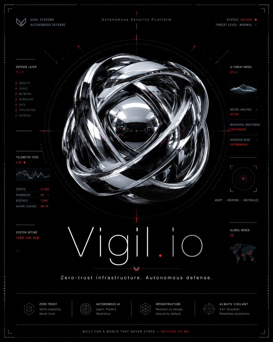 chloevalesquez's tweet photo. 1.
Brand Name: Vigil.ioTagline: Zero-trust infrastructure. Autonomous defense.Aesthetic: Metallic chrome accents, high-end editorial layouts, and microscopic UI details.Color Palette: Liquid Chrome (#D1D5DB), Deep Obsidian (#050505), Laser Red (#FF3333), Steel Blue (#1E293B).Visual Prompt: Centered, razor-thin sans-serif text. Highly reflective 3D metallic sphere or knot as the anchor asset.