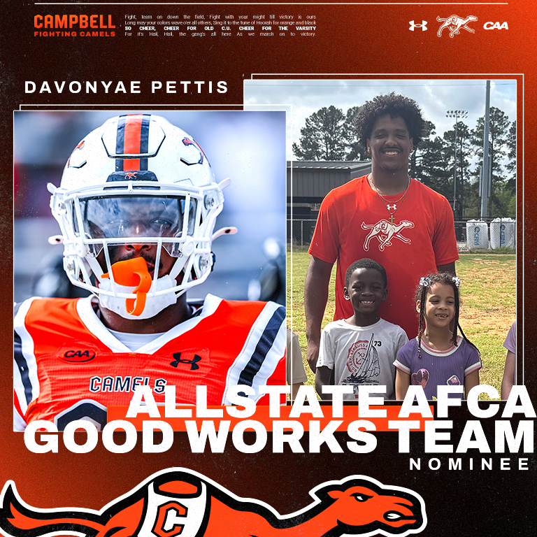 GoCamelsFB's tweet photo. Congratulations to our own DaVonyae Pettis, one of just 20 FCS nominees for the 2026 Good Works Team, announced by @Allstate and @WeAreAFCA 🙌

🔗 https://t.co/7IIRAdcM4R

#FightAsONE | #RollHumps 🐪🏈 https://t.co/XKlYyCpMC6