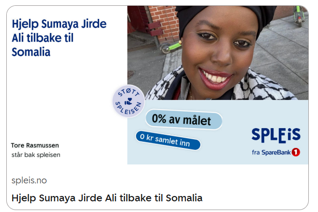 ToreRasm's tweet photo. Jeg har startet en innsamling for å tilby Sumaya Jirde Ali en frivillig flybillett til Somalia.

Hvis hun mener Norge gjør henne syk, mener jeg det mest humane er å hjelpe henne dit hun selv kan få et bedre liv. Takker hun ja, går pengene til reisen. Takker hun nei, går de til mitt feltarbeid om remigrasjon.

Lenke i kommentarfelt.