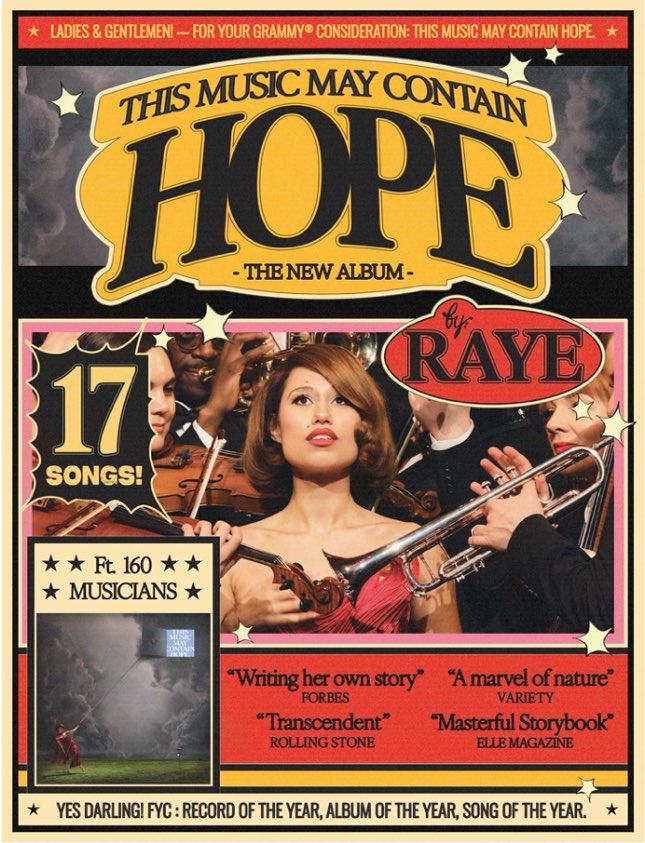 RayeUpdate's tweet photo. Raye’s “For Your Consideration” poster for the 2027 #GRAMMYs. https://t.co/ppCr8kCdy6