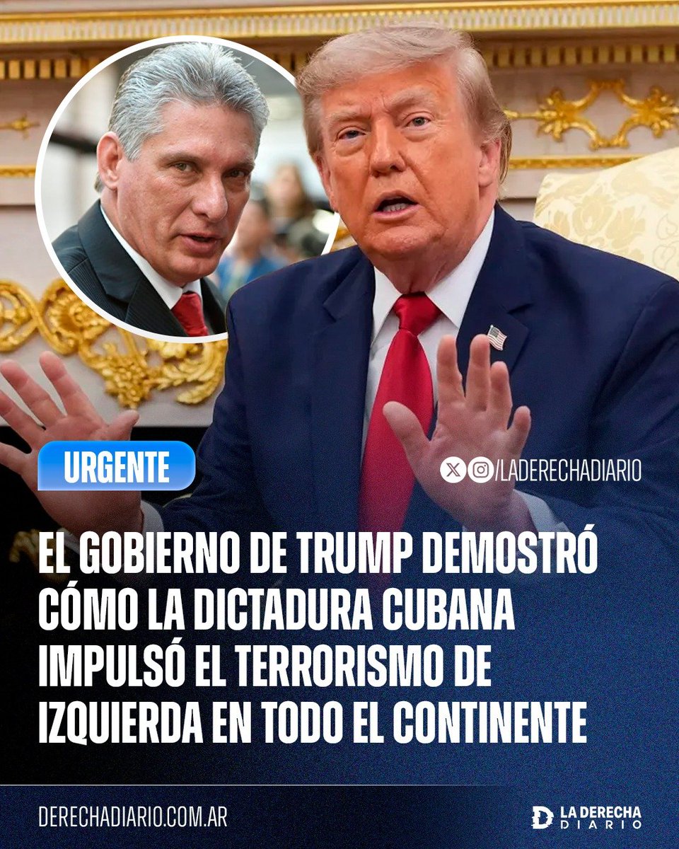 laderechadiario's tweet photo. 🚨🇺🇸🇨🇺 | EL GOBIERNO DE TRUMP EXPUSO CÓMO LA DICTADURA CUBANA IMPULSÓ EL TERRORISMO DE IZQUIERDA EN TODO EL CONTINENTE

El Departamento de Estado denunció que el régimen comunista cubano infiltró y moldeó durante décadas a la izquierda estadounidense, desde organizaciones terroristas de los años 60 hasta movimientos actuales como Antifa, Black Lives Matter, los Socialistas Democráticos de América y sectores del Partido Demócrata.

Según el informe, Cuba construyó una gigantesca red de espionaje e influencia dentro de Estados Unidos, entrenó y financió guerrillas, apoyó grupos terroristas, protegió a fugitivos acusados de asesinar policías y promovió una ideología marxista basada en el enfrentamiento racial, el odio contra Occidente y la lucha contra el supuesto “imperialismo” y la “supremacía blanca”.

El Gobierno estadounidense advirtió que esta red continúa activa en organizaciones izquierdistas, colectivos anti-ICE y universidades, y aseguró que grupos vinculados con La Habana ya preparan movilizaciones contra instalaciones del ICE y objetivos militares ante una eventual acción de Estados Unidos contra la dictadura cubana.