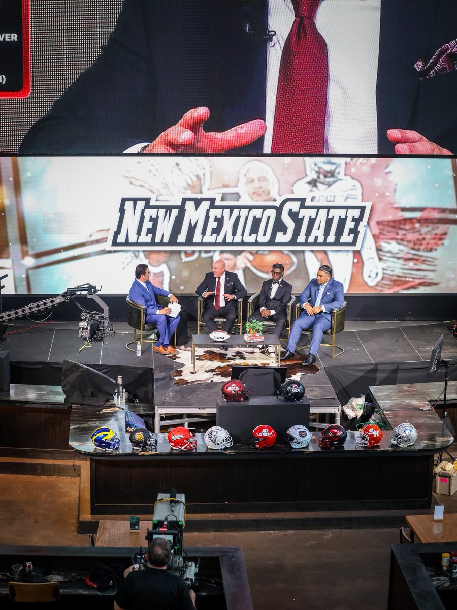 NMStateFootball's tweet photo. The spotlight is on at @conferenceusa Kickoff!📸

#AggieUp x #NoLimitsOnUs https://t.co/WNlQNdw066