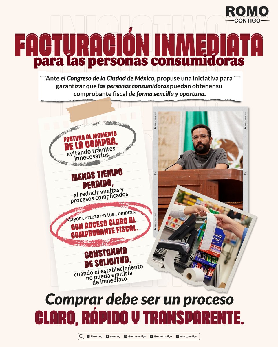 vromog's tweet photo. Comprar debe ser un proceso claro y transparente. Por eso, desde el @Congreso_CdMex impulse esta iniciativa para que las personas consumidoras puedan obtener su factura de manera sencilla y sin trámites innecesarios.
Un derecho también se garantiza cuando se facilita su ejercicio.