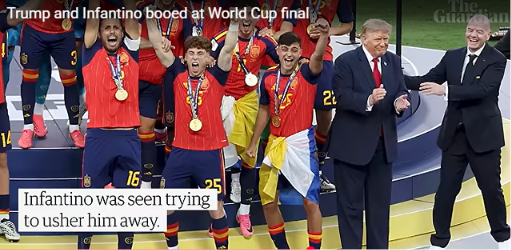 PGtzsche1's tweet photo. USA won the FIFA world cup and Trump scored all 30 goals in the final, seen by 60 billion. Trump describes things this way. 5,000 people cheered him during his speech on July 4; Trump said 150,000. That’s how one goal becomes 30 goals and 2 billion becomes 60 billion. Picture is from The Guardian https://t.co/6fwBKUFk8X