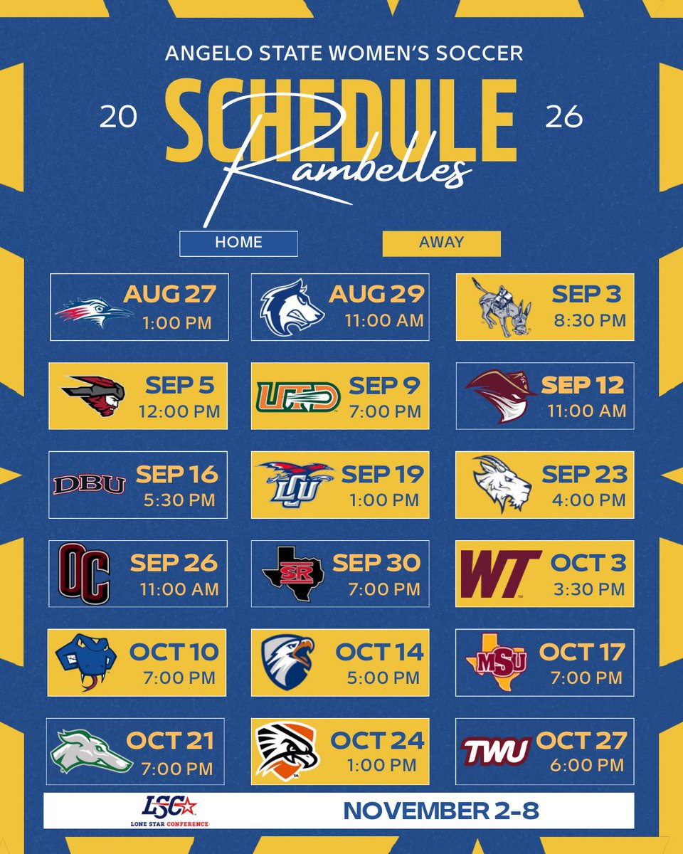 BellesSoccer's tweet photo. Your Angelo State Womenโs Soccer 2026 Schedule is here! We canโt wait to see you at LeGrand Soccer Complex! Go Rambelles! #RamEm https://t.co/1NnQXpOgiD