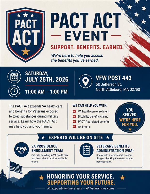 VAProvidence's tweet photo. Have questions about the PACT Act or VA benefits? Join us July 25, 11 a.m.-1 p.m. at VFW Post 443, North Attleboro! #PACTAct #Veterans #VAProvidence #VABenefits #EnrollToday #NorthAttleboro #VeteranCare https://t.co/Q45Yaob9iI
