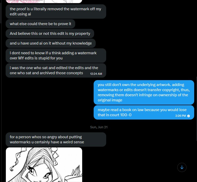 rigeeri's tweet photo. The audacity of @magixiaclub

Imagine taking artwork and concept material owned by Rainbow, stamping "Property of BeyondWinx" across it, then telling people it's prohibited (by what law?) to remove your watermark because it's supposedly your property because you "edited it".

1/3 https://t.co/fFoYp8IXTy