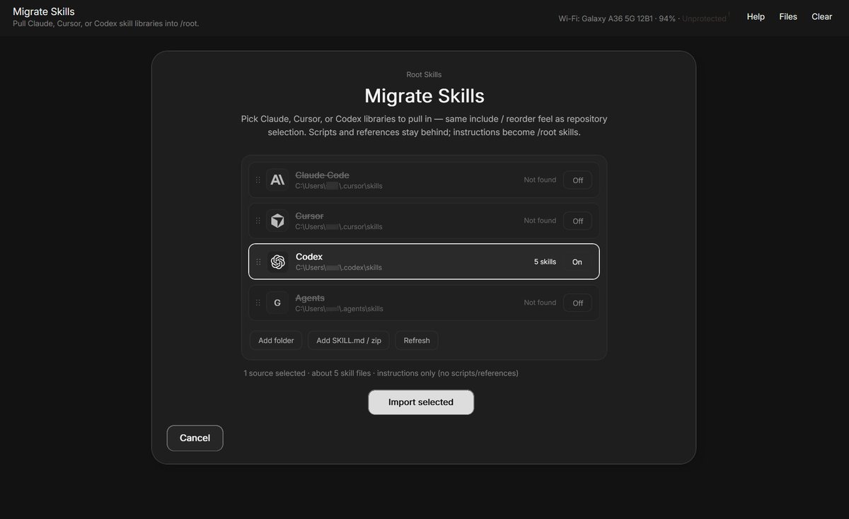 palmaierc's tweet photo. We do not simply tell you to cancel your dependencies on @claudeai, @cursor_ai & other platforms. 

We help you migrate from them to a private, encrypted, same-or-better performance solution.

@rootsh will now scour your entire computer for your established .agents files and it can also import the repositories from those within root.

You can essentially continue your work without any pause in-between while you switch to something that keeps things actually between you and your work and costs you $0 to run.

This and more, soon on the FREE Public Beta Access of https://t.co/3s0MYGBVrd by $PALM 🌴