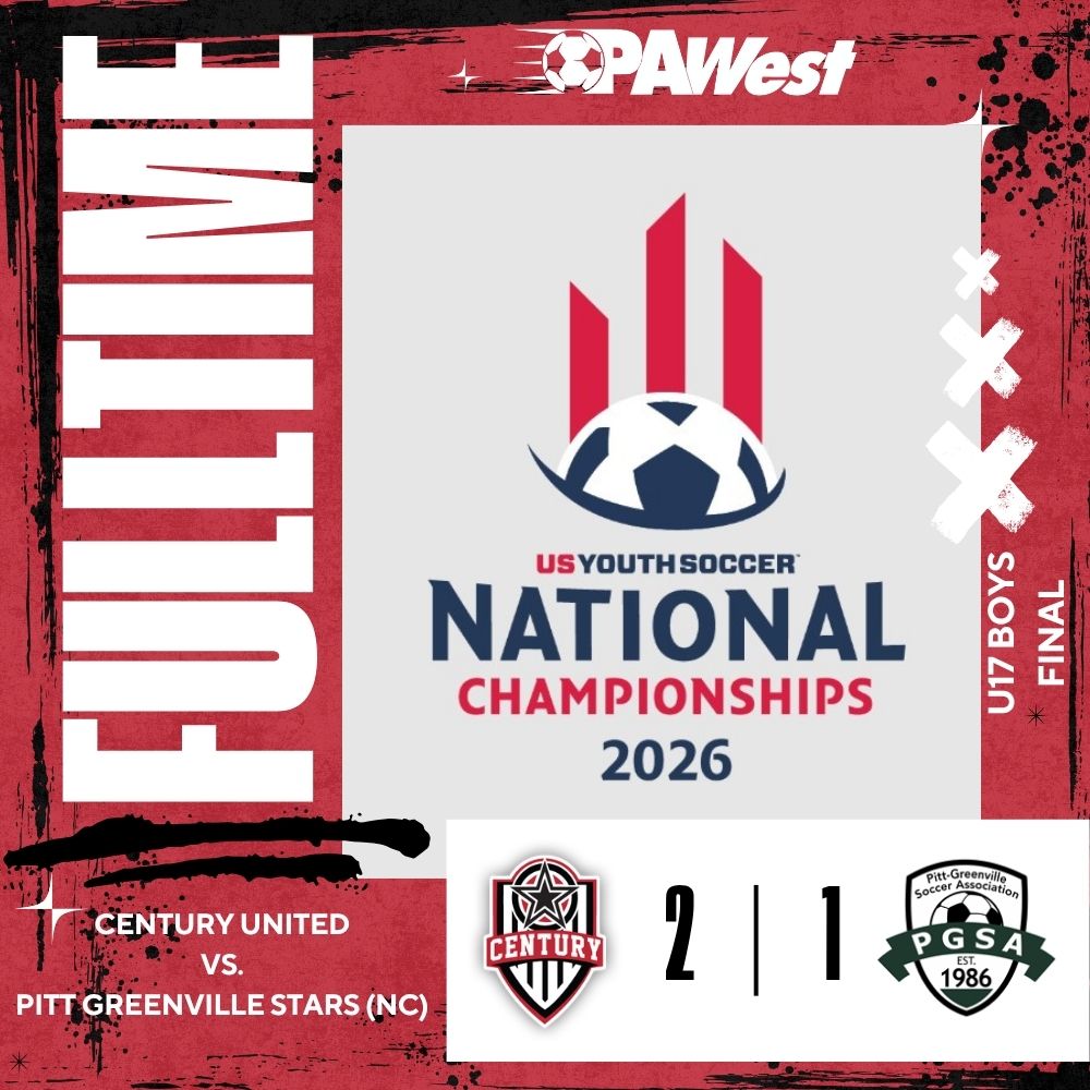 SoccerPAWest's tweet photo. π NATIONAL CHAMPIONS! π
Congratulations to Century United U17 Boys on winning the 2026 US Youth Soccer National Championship with a 2-1 victory over Pitt-Greenville Stars (NC)!
Congratulations to the players, coaches, and families on an incredible achievement! β½
#ForItAll https://t.co/V2IRIDKAjT