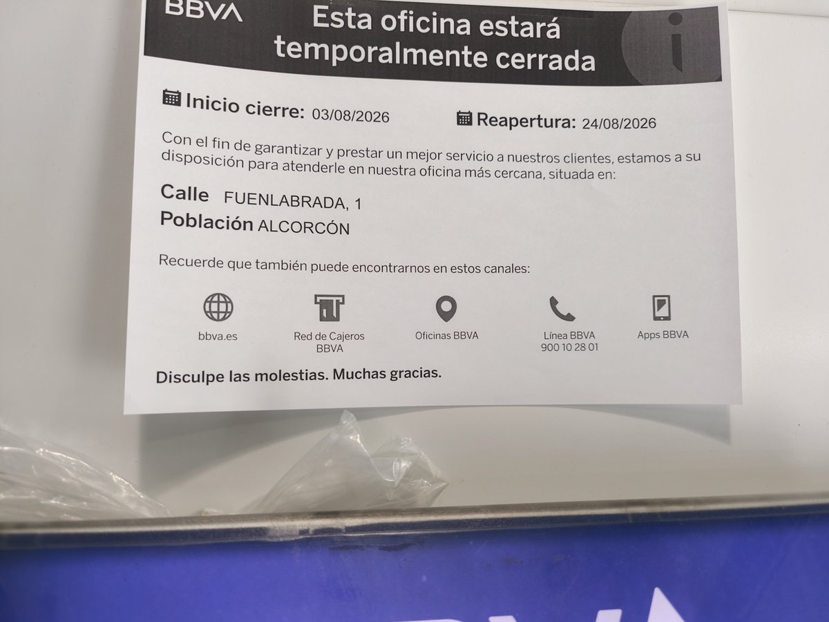 tutifree13's tweet photo. BBVA cierra la oficina de las retamas en agosto.. la de la calle mayor es genial,te cierran la puerta el fin de semana y los cajeros que admiten ingreso en metálico para la tarjeta prepago de compras por internet se quedan dentro inaccesibles.
@Hardcorcon https://t.co/0EwaaF8Ais
