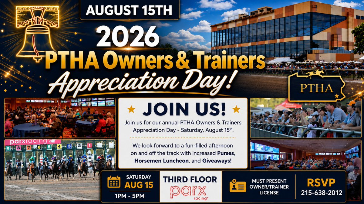parxracing's tweet photo. Join Us August 15th For Owners &amp; Trainers Appreciation Day! #horseracing #thoroughbred https://t.co/ej1pJxCwpf