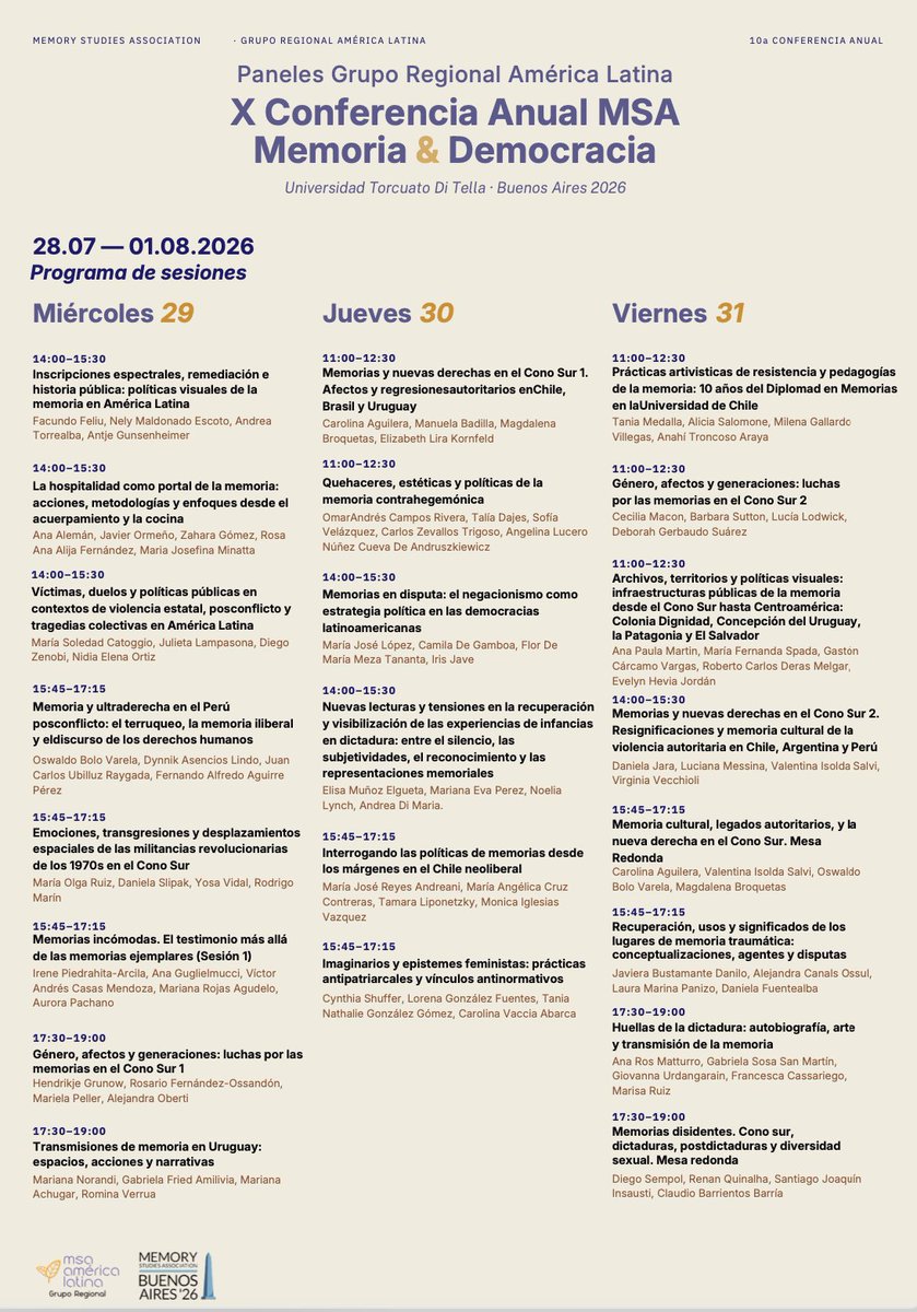 AmericaLatMSA's tweet photo. 📢 Versión actualizada - El Grupo Regional América Latina presenta sus paneles en la #MSA2026. Del 29 al 31 de julio, Buenos Aires será escenario de debates sobre memorias en disputa, negacionismo, nuevas derechas, arte, archivos, género y derechos humanos. #MemoryStudies https://t.co/xSEsFiTOYV