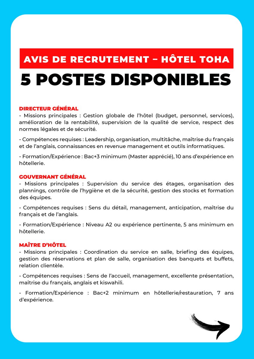 akezanet's tweet photo. 🚨😍DU BOULOT ICI : 5 POSTES VACANTS à TOHA HOTEL, sis au Q.Rohero 2.
⚠️La date limite de depot des candidatures est fixée pour ce jeudi 23 Juillet 2026 !!
Voici en bas, les postes, les exigences et les compétences requises pour ces 5 postes. ⤵️
#lesbeautesdecheznous #akezanet #TOHAHOTEL #Burundi