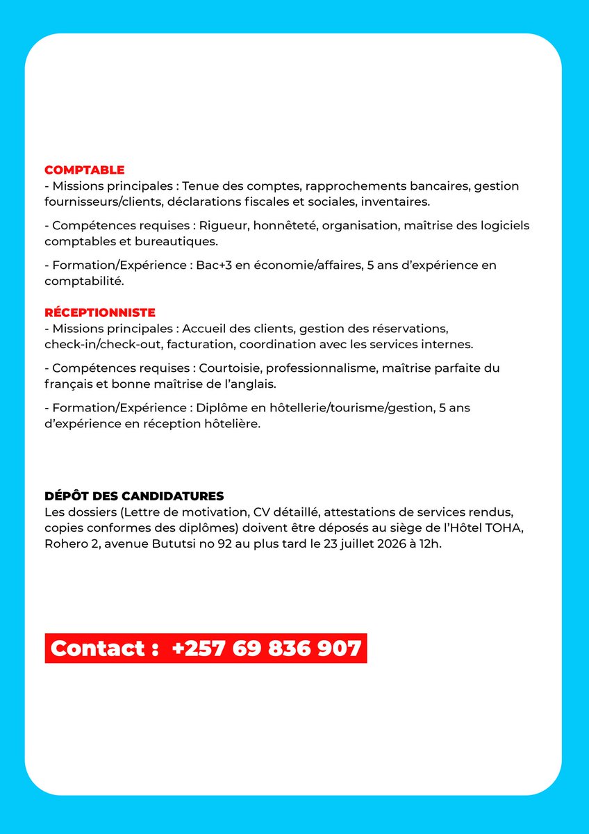akezanet's tweet photo. 🚨😍DU BOULOT ICI : 5 POSTES VACANTS à TOHA HOTEL, sis au Q.Rohero 2.
⚠️La date limite de depot des candidatures est fixée pour ce jeudi 23 Juillet 2026 !!
Voici en bas, les postes, les exigences et les compétences requises pour ces 5 postes. ⤵️
#lesbeautesdecheznous #akezanet #TOHAHOTEL #Burundi