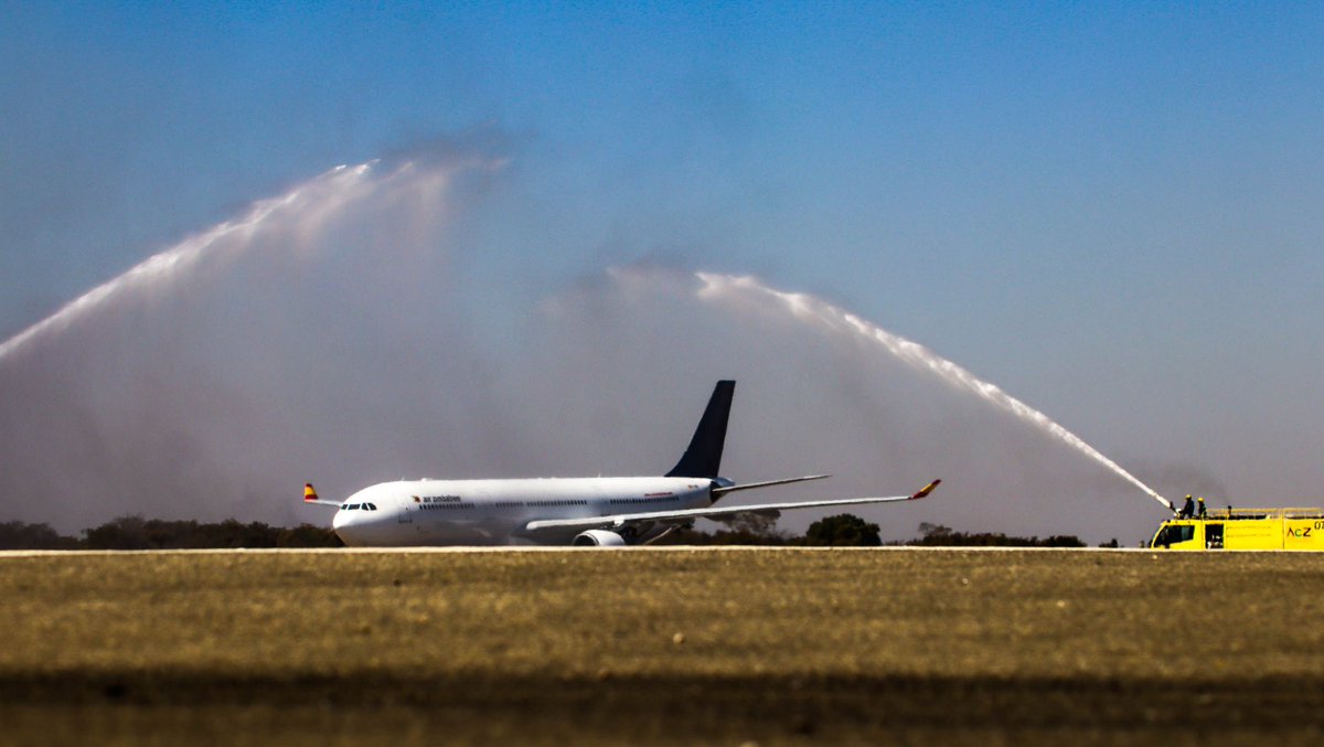 FlyAirZimbabwe's tweet photo. It is finally here🇿🇼🇬🇧..

Water cannon salute as Air Zimbabwe received its A330-300 aircraft. 

Harare-London Gatwick direct from July 22 2026 -3 times weekly, 10hrs nonstop.Dinner in London, Breakfast in Harare.

Thank you to every partner &amp; stakeholders supporting our wings. https://t.co/QNEPASLNzY